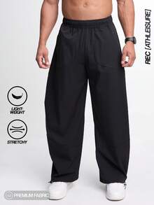 Men's Elastic Waist Pockets Wide Leg Loose Pants, Fall - Black - View 3