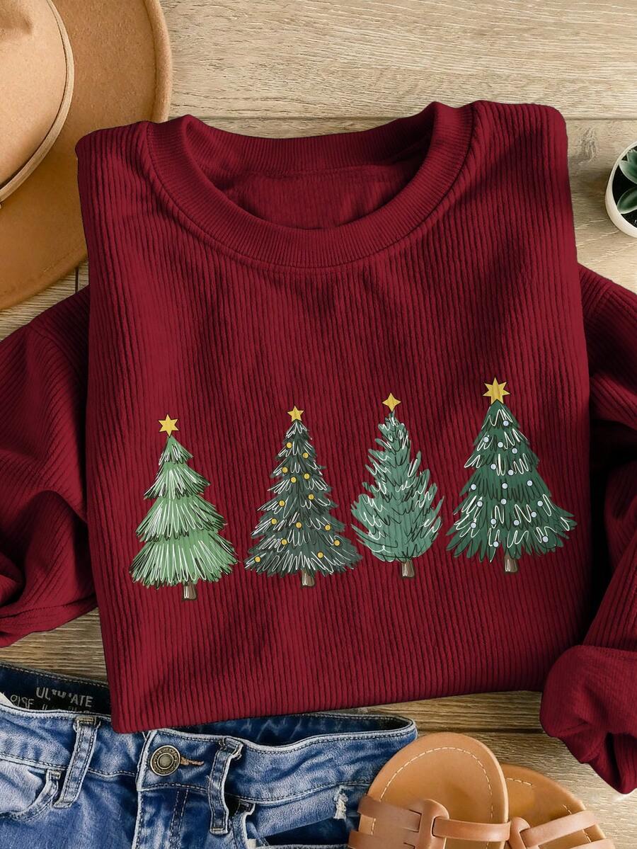 INAWLY 圣诞树图案印花时尚简约女式常规圆领羊毛长袖运动衫，送给朋友的礼物，秋冬 - 酒紅色 - 查看 1