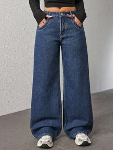SHEIN ICON Women's Front Button Pocket Casual Denim Jeans, Everyday Wear Low Rise Straight Leg Baggy Jeans Women - Blue - View 4