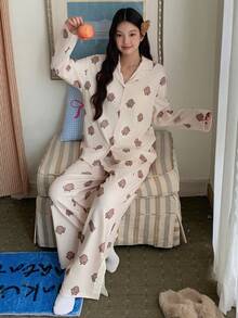 DAZY Chicken Print All-Over Women Pajama Set, Winter Clothes - Khaki - View 6