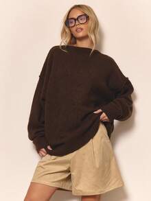MUSERA 蓬松针织超大款缝线细节圆领套头衫 冬季居家服 舒适 工作 可爱 优雅 休闲 春季度假毛衣 - 咖啡棕 - 查看 1