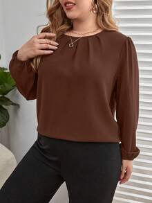 SHEIN Clasi Áo cánh tay đèn lồng màu trơn đơn giản, dáng rộng, đơn giản, dễ mặc, cỡ lớn, dành cho nữ, mùa xuân/thu - Cà phê nâu - Xem 5