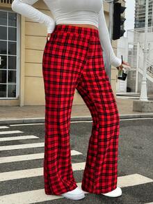 SHEIN EZwear 大码女式高腰休闲格子喇叭裤 - 紅色 - 查看 4