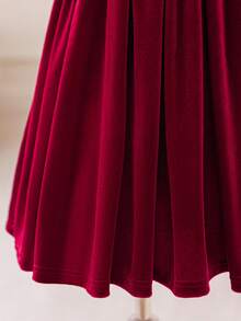 Glamorique Kids Young Girls Elegant Charming Cute Wine Red Single Sleeve Bowknot Waist Slim Velvet Flared Dress - Burgundy - View 6