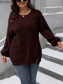 SHEIN LUNE 大码女式圆领落肩长袖宽松休闲套头毛衣，秋冬 - 紅木色 - 查看 3