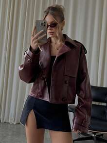 SHEIN BAE Women's Solid-Color Long-Sleeve Zipper Collar Casual PU Leather Trench Coat, Fall Edition Women's Leather Trench Coat, Burgundy Leather Trench Coat Loose-Fit Leather Jacket, Fall Collection Lychee-Grain Leather - Red Violet - View 7