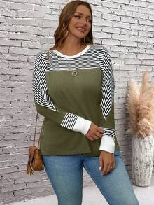 EMERY ROSE Plus Size Women's Casual Loose Striped Batwing Long Sleeve T-Shirt - Army Green - View 4