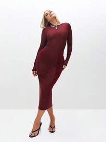 BABYPHAT 圆领长袖修身中长连衣裙，秋冬晚装 - 鏽棕色 - 查看 3