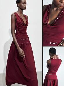 Maija 2pcs Women's Eyelet Metal Design Draped Neck Top And Mini Skirt Set, Winter Dress, Autumn Clothes , Halloween Costumes, Halloween Cosplay, Christmas Party , New Year Clothes , New Year Women,Thanksgiving Outfit For Women,Wine Red Set, Sleeveless Vest, Draped Neckline Design, Feminine Elegance, Large A-Line Silhouette. - Burgundy - View 2