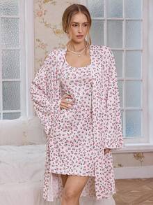 CottageSlumber 2pcs Ditsy Floral Long Sleeve Robe And Fitted Camisole Nightgown Women Sleepwear Pajama Set, Fall Winter Clothes - Pink - View 7