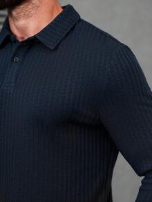 Manfinity Homme Men's Solid Color Ribbed Long Sleeve Polo Shirt,Navy Blue Autumn Casual Hiking Buttoned Knitted Tops - Blue - View 3