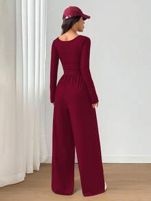 SHEIN Unity 1 件女式方领纯色修身优雅长袖连体裤 - 酒紅色 - 查看 2