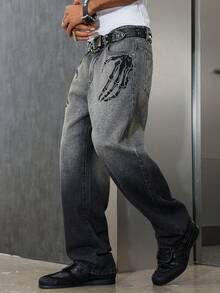 Manfinity ZONE917 Jeans casual da uomo con vestibilità ampia e stampa a teschio sulla mano, jeans neri e grigi sfumati, jeans da uomo bicolore