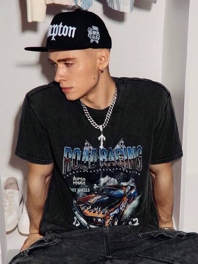 STEELVANCE Men Summer Casual Short Sleeve T-Shirt With Letter & Car Graphic Print, For Friends