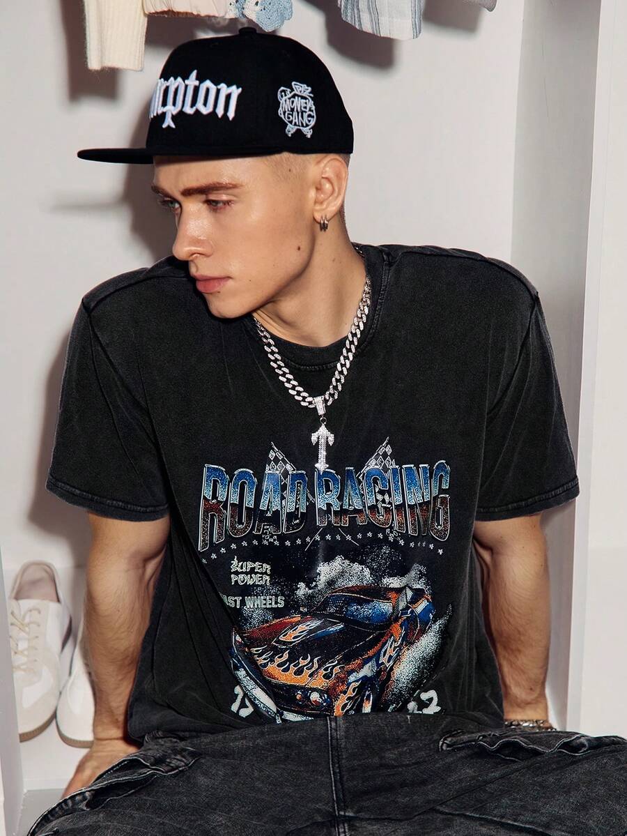 STEELVANCE Men Summer Casual Short Sleeve T-Shirt With Letter & Car Graphic Print, For Friends - Dark Grey - View 1