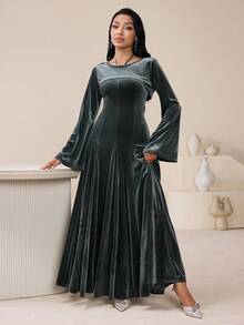 Veilorie 女式纯色露背无袖连衣裙和长袖夹克阿拉伯风格服装 - 綠色 - 查看 4