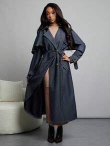 NYA SZN 夹克牛仔风衣宽松超大日常休闲活动复古酷女孩节日万圣节深色洗水牛仔长款秋冬女装 - 藏蓝色 - 查看 5