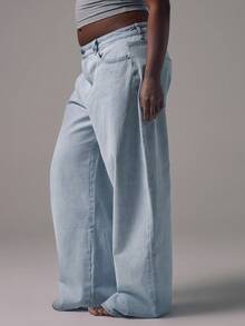 MUSERA Quần jean ống rộng cỡ lớn, kiểu dáng tôn dáng hàng ngày, chất liệu denim cơ bản. - Màu xanh lam - Xem 5