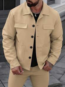 Manfinity CasualCool Veste à manches longues avec boutons devant, couleur unie, pour hommes. Idéale pour les sorties décontractées, les week-ends, les activités de plein air, les voyages, les environnements de travail décontractés ou les occasions semi-formelles. Cadeau pour petit ami/mari, cadeau d'anniversaire, Noël, printemps/automne, automne/hiver - Kaki - Voir 3