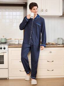CoupledUp Classic Plaid Print Men's Pajama Set Fall Winter Clothes - Blue - View 6