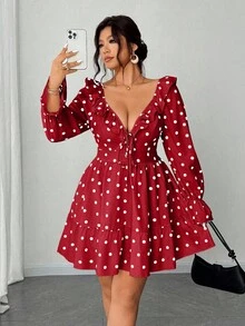 Elenzga Robe élégante et romantique à col V profond, volants à l'ourlet, nœud papillon, en mousseline de soie à pois, grande taille - Rouge - Voir 1