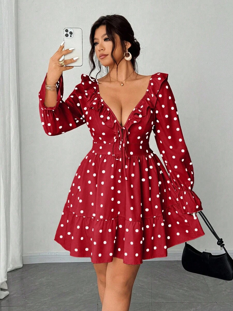 Elenzga Robe élégante et romantique à col V profond, volants à l'ourlet, nœud papillon, en mousseline de soie à pois, grande taille - Rouge - Voir 1