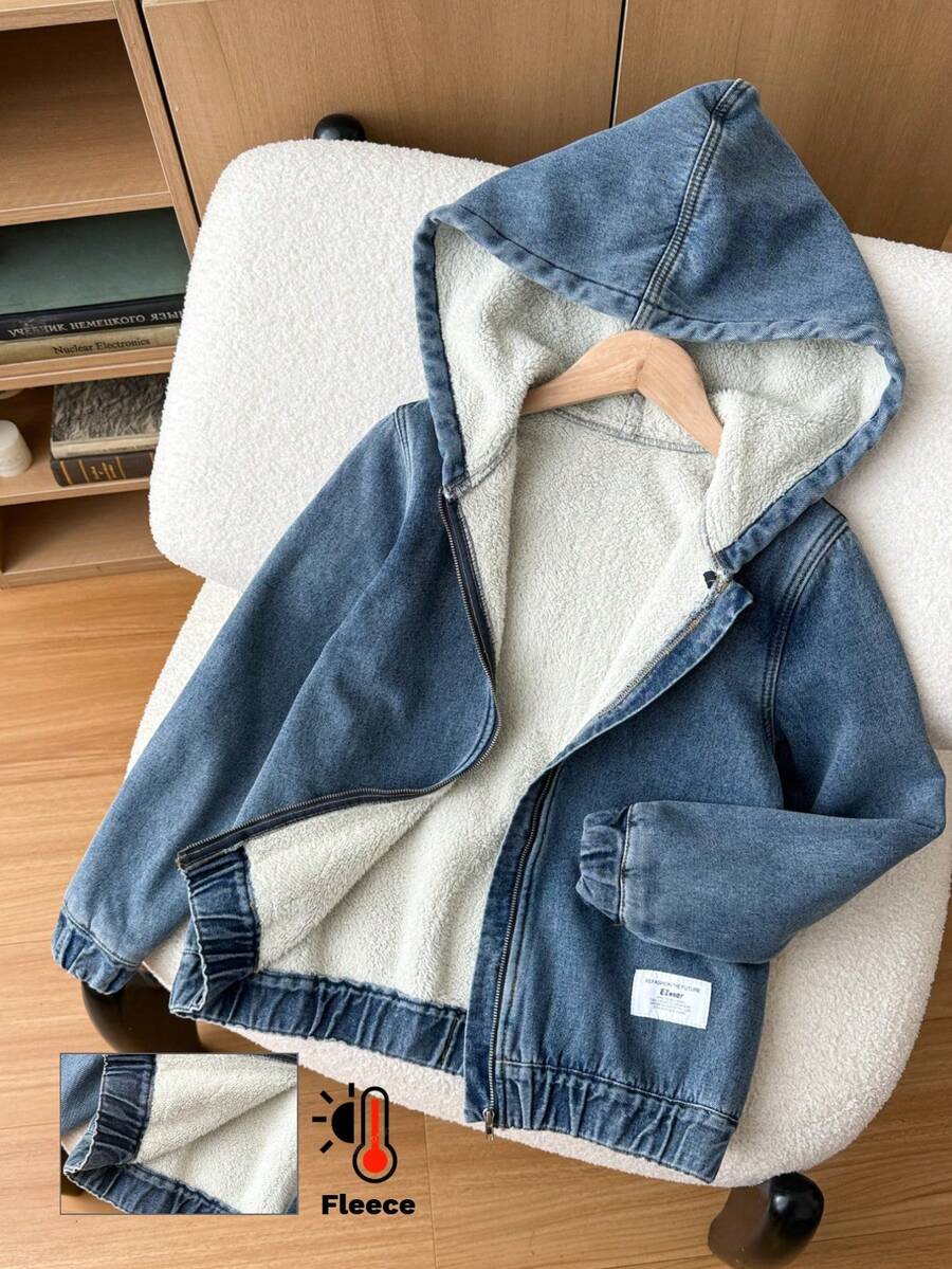 SHEIN Tween Jungen Mode Lässig Y2k Vintage Cool Straße Rückkehr zur Schule College Basic Label Einfach und Bequem Blau Denim Fleece Kapuzen Langarm Jacke für Kinderbekleidung Tween Jungen Kostüm Alltagskleidung und Kinder Sommer und Herbst Rave Outfits Festival und Strand Outfits Streetwear Schulkleidung