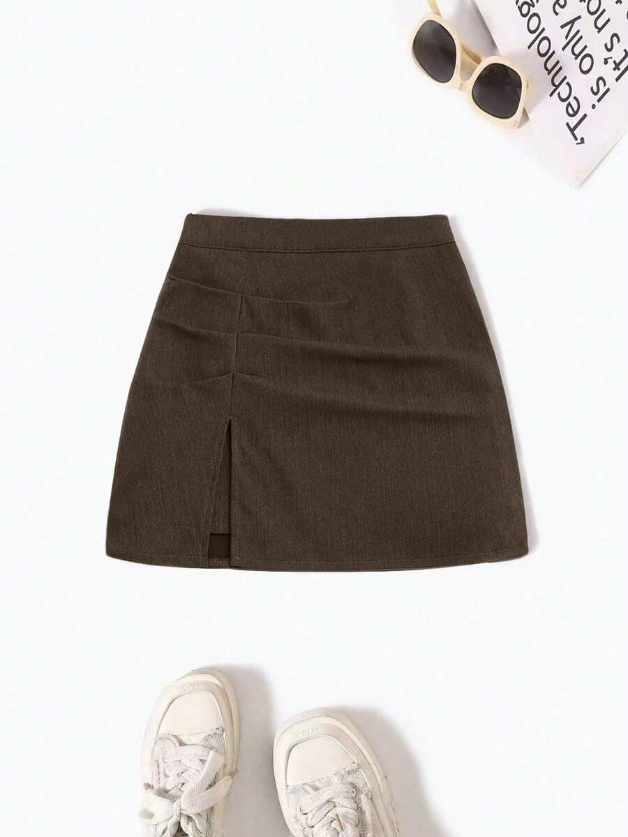 Sweetra Petite 娇小女士休闲百搭百搭 A 字迷你裙，麻灰色 - 咖啡棕 - 查看 1