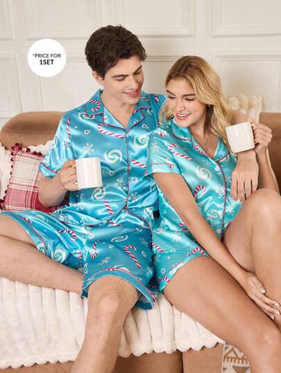 SHEIN 人造丝绸圣诞主题男士睡衣套装