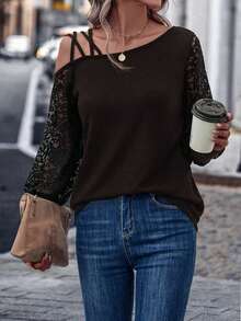 SHEIN LUNE Women's Contrast Lace Oblique Shoulder Long Sleeve Fashionable Top - Coffee Brown - View 5