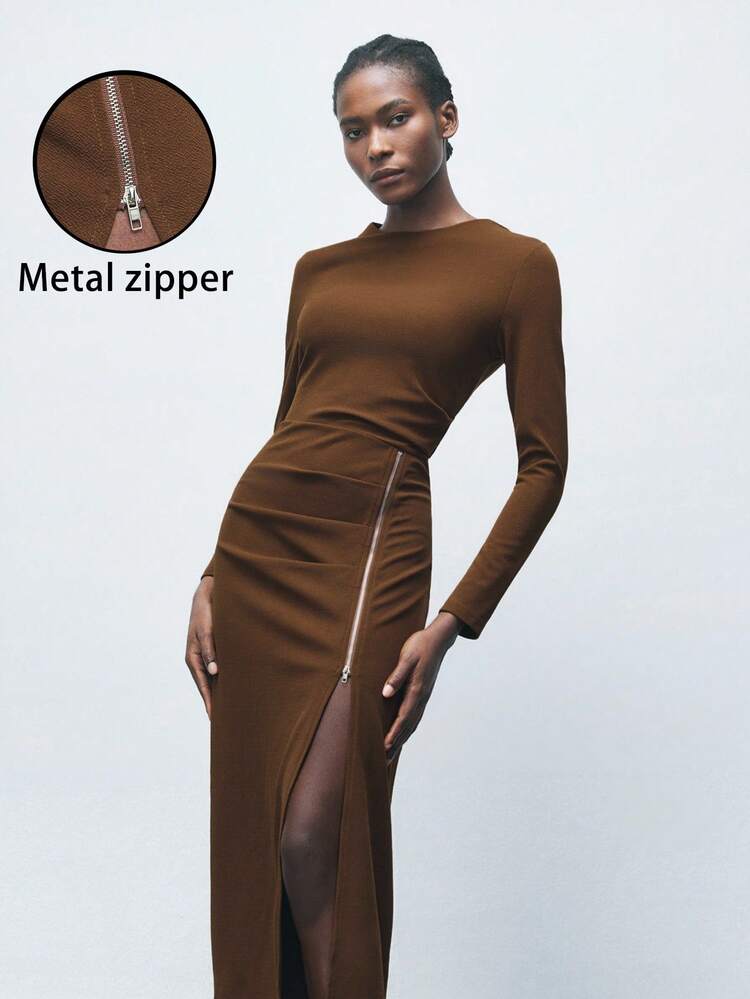 SHEIN Maija Casual Pleated Fitted Long Sleeve Dress For Women Slit Dress Brown Dress Women Split Dress High Stretch Dress, Winter Dress, Autumn Clothes , Halloween Costumes, Halloween Cosplay, Christmas Party , New Year Clothes , New Year Women,Thanksgiving Outfit For Women,Asymmetrical Metal Zipper Design, Old Money Style, Autumn Colors, Thanksgiving Turkey Party, Modern Urban, Long-Sleeved Women's Midi Dress.