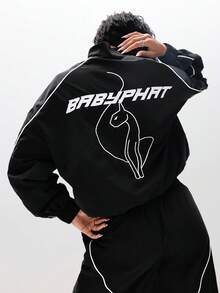 BABYPHAT 轻薄运动外套，撞色滚边细节，全拉链防风外套，休闲Y2K时尚运动套装，黑色 - 黑色 - 查看 1