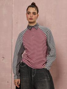 COUREZ Asymmetric Splice Stripe Rugby Polo /Y2K Fall Winter Clothes For Women Going Out Tops Pink Top Winter Tops Multicolor Striped Shirt
