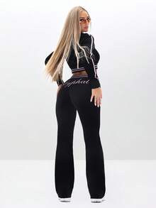 BABYPHAT 天鹅绒连帽拉链短款运动衫，带刺绣和撞色饰边，适合休闲舒适的秋冬女士服装 - 黑色 - 查看 6