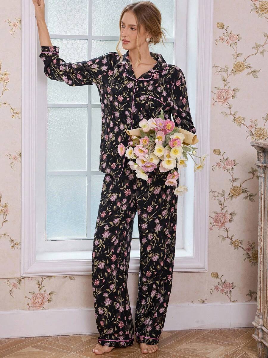 CottageSlumber Conjunto de pijama con top de cuello con solapa y pantalones con estampado floral de burbujas y arrugas, ropa de otoño e invierno - Multicolor - Ver 1