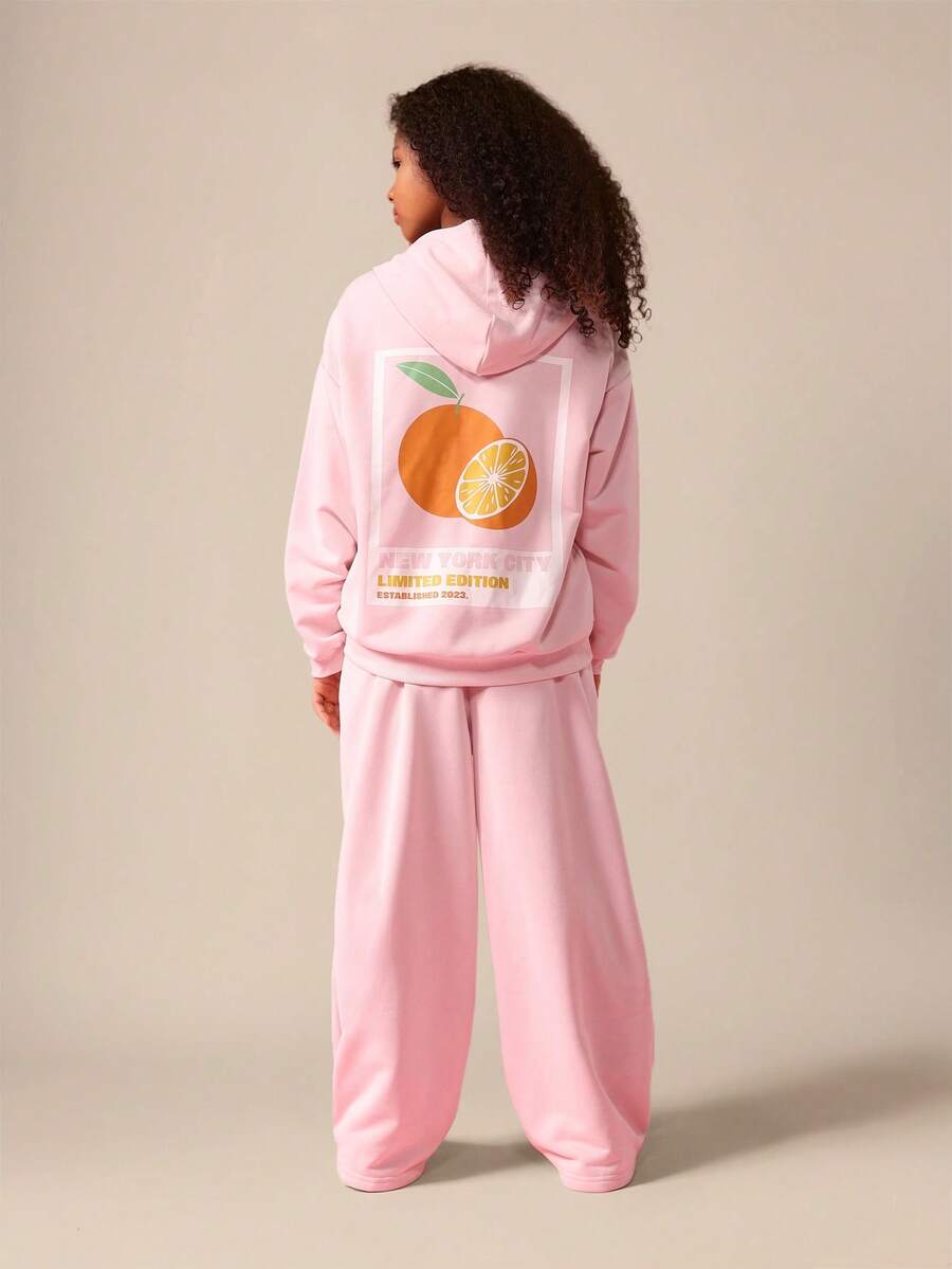 SUMWON Pink Fruit Print Hoodie And Sweatpants Co-Ord Set For Girls