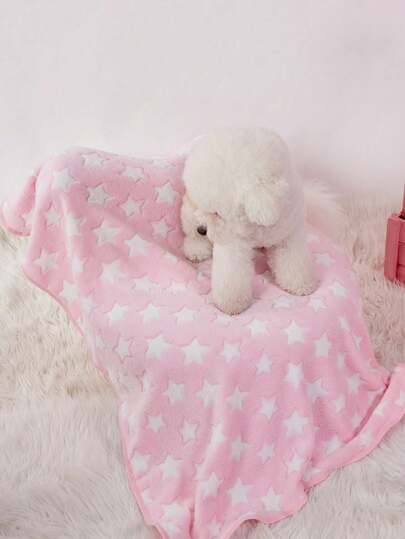 PETSIN 1pc Soft Warm Pet Blanket With Cute White Star Print On Pink Background, Suitable For Cats And Dogs