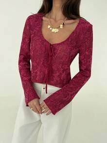 Aloruh Burgundy Sexy Sheer Long Sleeve Tie-Up Fitted Textured Sequin Fuzzy Women Top, Autumn/Winter - Burgundy - View 7