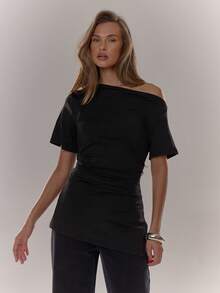 MUSERA 收腰宽松露肩T恤，休闲度假必备单品，露肩上衣，假日机场夜生活外出上衣，性感秋冬优雅 - 黑色 - 查看 1