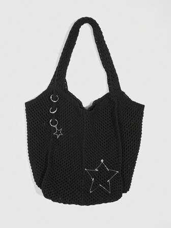Grunge Punk 1 pezzo Borsa a tracolla in maglia nera con charm a forma di spilla di e stella, stile Y2K, adatta per la scuola e l'uso quotidiano