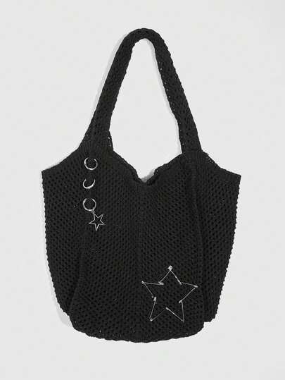 Grunge Punk 1 pieza Bolso de mano de ganchillo con dije de imperdible y estrella estilo Y2K, bolso de hombro de punto negro con estilo urbano para la escuela y uso diario