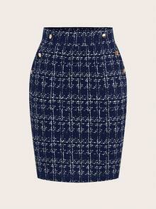 SHEIN Clasi Váy hè khóa kim loại bỏ túi hương thơm giả thanh lịch dành cho nữ, thích hợp mặc đi làm và thường ngày - Màu xanh hải quân - Xem 7