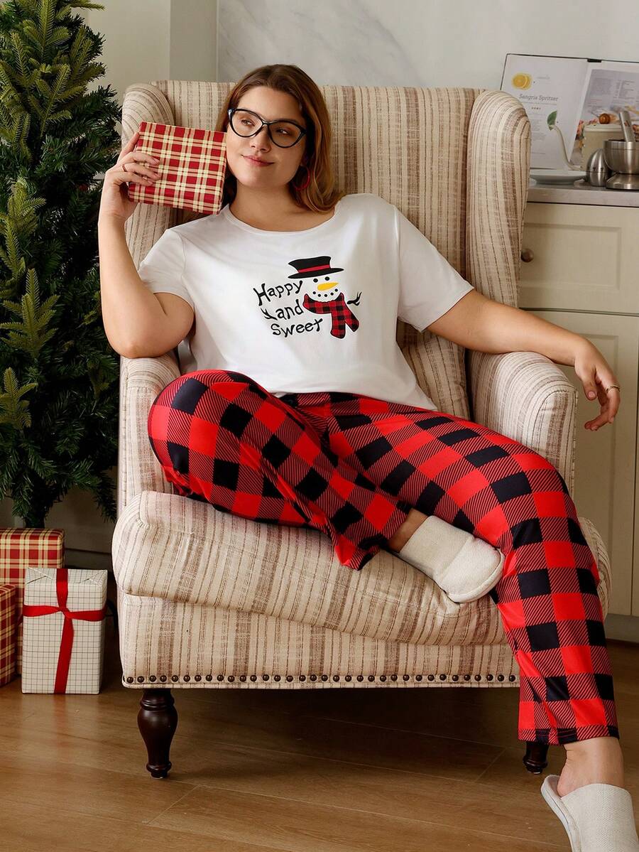 SHEIN Christmas Snowman & Letter Print Plus Size Pullover Pajama Set With Plaid Pajama Pants - Multicolor - View 1