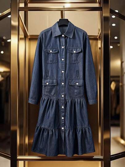 GlowEve Vestido de mezclilla casual de mujer con botones delanteros y dobladillo con volantes, otoño