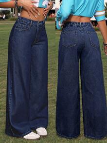 SHEIN PETITE 女士修身直筒牛仔裤，蓝色夏季音乐会街头风宽松牛仔裤，牛仔锐舞节Y2K牛仔裤