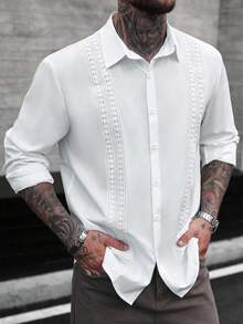 Manfinity CasualCool Men's Casual Solid Color Single-Breasted Long-Sleeve Shirt, Suitable For Casual Vacations, Parties, Dining, And Office Fashion Wear. It Is The Perfect Gift For A Boyfriend Or Husband. The Fabric Feels Comfortable And Is Easy To Care For, With A Versatile Style That Suits Everyone, Fall Men Lace Mesh Shirt White Laced Men Shirt
