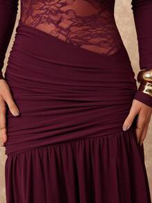 Lumalex Women's Burgundy Autumn Elegant Dining Dress,Asymmetrical Open Shoulder Long Sleeve Lace Patchwork Ruched Bodycon High Slit Formal Prom Party Gown - Burgundy - View 5