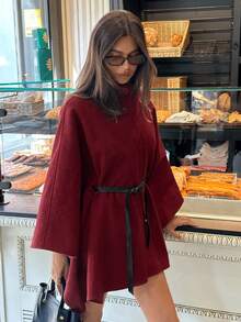 Aloruh 女士秋冬优雅高领蝙蝠袖收腰羊毛混纺大衣 - 酒紅色 - 查看 4
