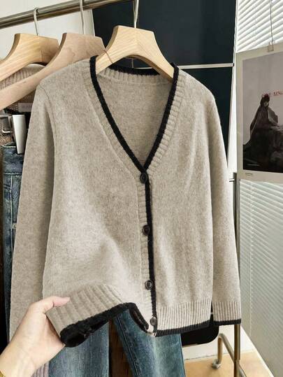 Franclia 女士秋冬新款休闲宽松优雅撞色边针织套头衫，百搭显瘦