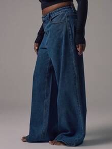 MUSERA 大码中腰阔腿牛仔裤，中蓝色水洗银色纽扣细节，中腰休闲，适合夜间外出、返校、办公室、工作、约会等场合，经典牛仔风格 - 藍色 - 查看 4